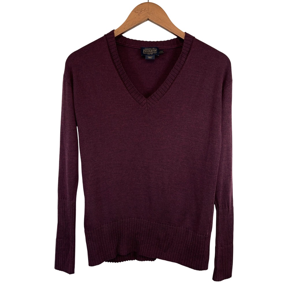 Pendleton Womens V-Neck Wool Sweater XXS Burgundy Pullover Classic Minimalist